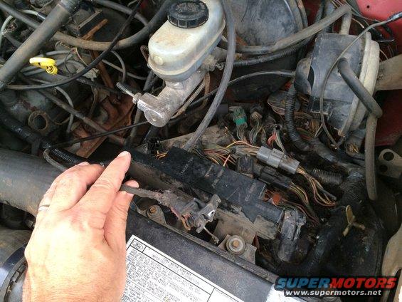 Close-up of engine bay showing brake fluid reservoir, wiring harness, and a hand holding a disconnected wire