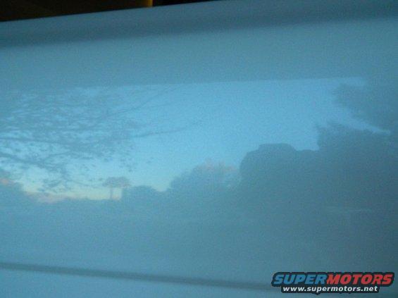 Light blue vehicle surface reflecting trees and sky