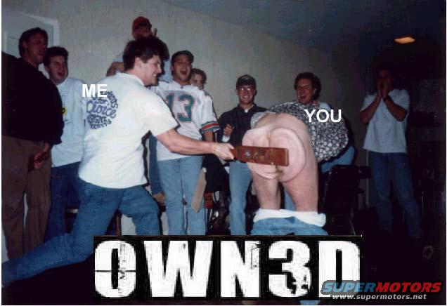 Group of friends in a room, one about to spank another with a paddle. Text overlay says 'OWN3D'