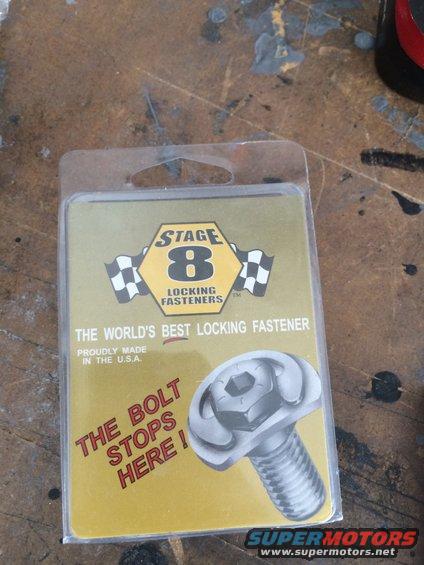 Stage 8 Locking Fasteners package with a bolt illustration. Text reads "The World's Best Locking Fastener"