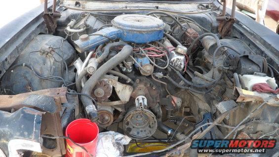 Engine bay with V8 engine, air cleaner, hoses, and wiring visible. Red bucket in foreground