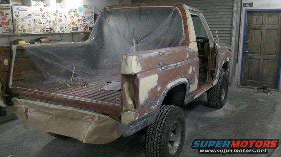 1982 Ford Bronco body in primer, rear view