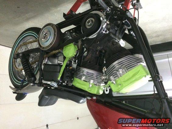 Motorcycle engine and drivetrain with green masking tape