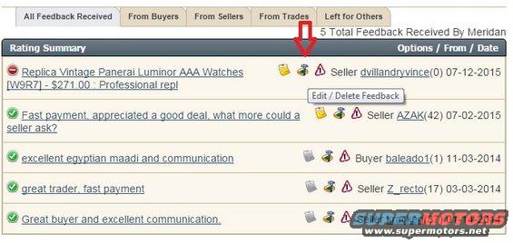 Screenshot of a website showing feedback received by a seller, with entries for watches and other transactions