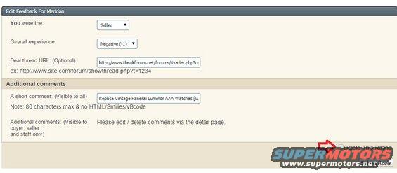 Screenshot of a web form for editing feedback, with fields for seller, experience, and comments