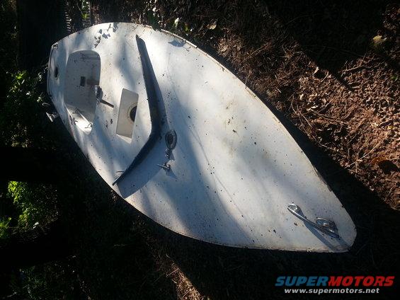 White boat hull lying on the ground, partially covered by trees and leaves. A dark fin-like structure is attached to the top