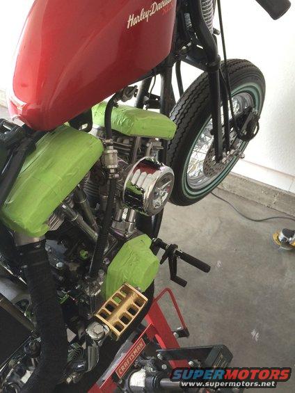 1975 Harley-Davidson FXRT Sport Glide fuel tank and engine with green masking tape on parts