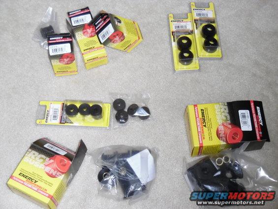 energyswayshock.jpg Front & rear sway bar bushings, shock bushings, and tie rod end boots for '92-96 Bronco w/quad front shocks.
IF THE IMAGE IS TOO SMALL, click it.

[url=https://www.supermotors.net/registry/media/1171928][img]https://www.supermotors.net/getfile/1171928/thumbnail/shocksgabenergy.jpg[/img][/url]

4x [url=https://www.amazon.com/dp/B000CN9DEO]9.8141G[/url] (all lower shock eyes & rear upper)
2x [url=https://www.amazon.com/dp/B000CN7CEC]9.8101G[/url] (front shock tops)
2x [url=https://www.amazon.com/dp/B000CN7B5C]9.13101G[/url] (tie rod end boots)
1x [url=https://www.amazon.com/dp/B000CN799U]4.5123G[/url] (rear 7/8&quot; bar & end links)
1x [url=https://www.amazon.com/dp/B000CN7904]4.5106G[/url] (front 1&quot; bar & end links)
NOT SHOWN
2x [url=https://www.amazon.com/dp/B000CN940W]2.2111G[/url] (shackles FOR FABRICATED ENGINE/TRANS MOUNTS)
1x [url=https://www.amazon.com/dp/B000CN5CHG]4.4109G[/url] (body mount kit)
1x [url=https://www.amazon.com/dp/B01M3MQNPU]4.9106G[/url] (large swingaway strike sleeve)
1x [url=https://www.amazon.com/dp/B08GH4WY8Z]4.9108G[/url] (coil pads)
1x [url=https://www.amazon.com/dp/B000CN78NC]4.3133G[/url] (axle pivots)

Look up your vehicle here:
http://energysuspension.com/parts-search.html
Then shop ebay, Amazon, & Google for the best prices.

GO TO THE NEXT FEW PAGES...