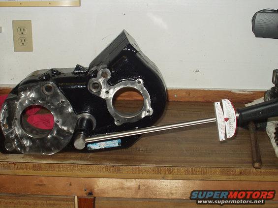 twin-stick-007.jpg Torque to 90-130 ft-lbs. When assembling the idler gear assmbely I put the four spacers on the front output yoke side, of the spacer.
