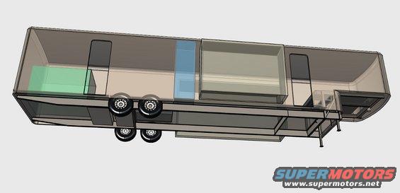3D diagram of a long trailer with multiple axles and interior compartments