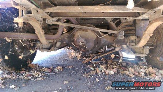 Underside of a 1967 Chevrolet C/K Pickup truck showing the rear axle, leaf springs, and exhaust pipes, covered in cobwebs and fallen leaves
