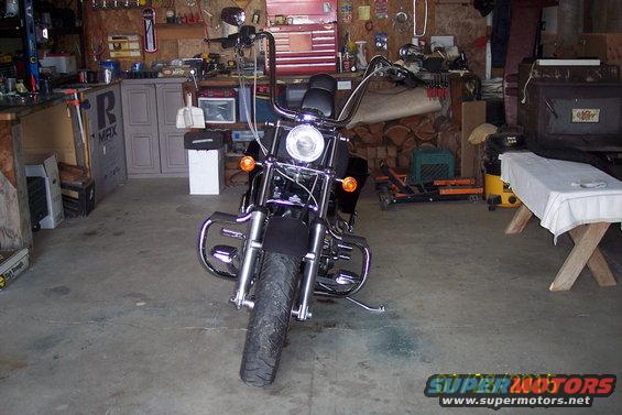 Black Harley-Davidson Softail motorcycle with ape handlebars in a garage