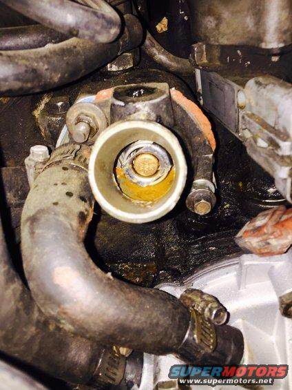 Thermostat housing with corroded metal and hoses. Water pump housing visible below