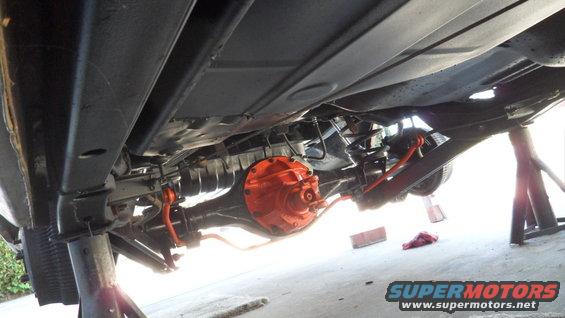 Undercarriage of a vehicle on jack stands, showing the rear differential and suspension components