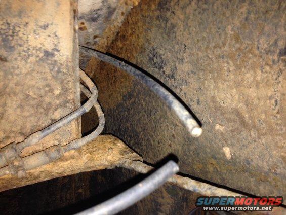 Two Metal Lines coming from the Evap. Tank Connected to Inside Driver's Side Rear Fender Well & a Rubber Hose Coming From Same Connector in Fender Well but hose is CUT in TWO. Lower part of hose seen in picture runs along frame to the Charcoal Canister