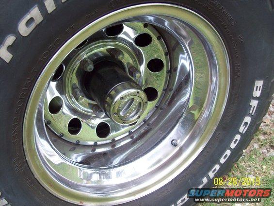Chrome wheel with BFGoodrich tire and a locking hub, close-up