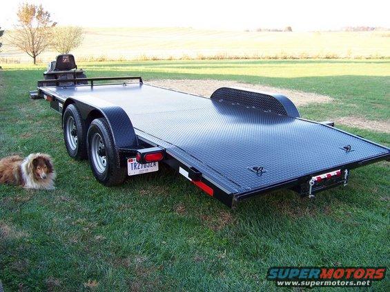 Car hauler trailer parked on grass with a dog lying nearby. License plate reads TRZ702R