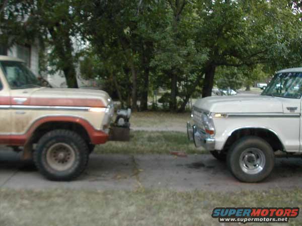 Two-tone beige and red 1978 Ford Bronco parked on a dirt and grass area