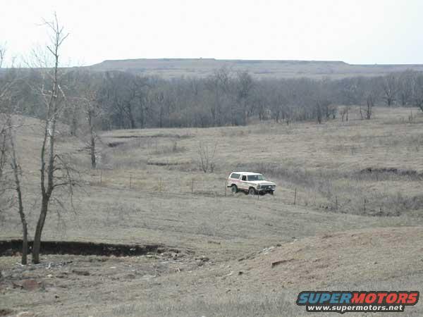 1979 Ford Bronco driving on a dry, grassy hillside with sparse trees