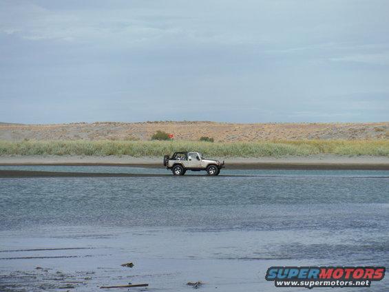 White Jeep Wrangler driving through shallow water with sandy dunes and grass in background