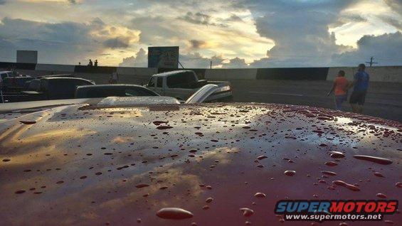 Red car hood with water droplets reflecting sky and vehicles