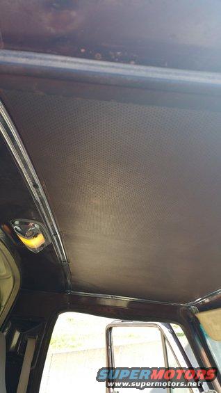 Vehicle interior ceiling with perforated headliner and dome light. Visible door frame and mirror