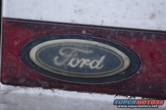Close-up of a Ford oval emblem on a dark red panel