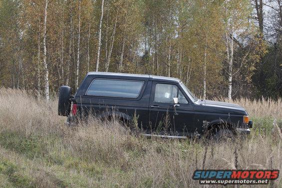 Black Ford Bronco parked in tall grass with trees in background