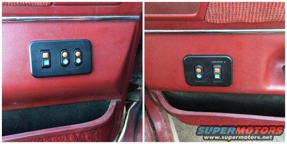 Close-up of red car door panel showing power window and lock switches. One image shows window controls, the other shows lock and door controls