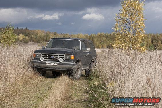 Black 1987 Ford Bronco in a field with tall grass and autumn trees