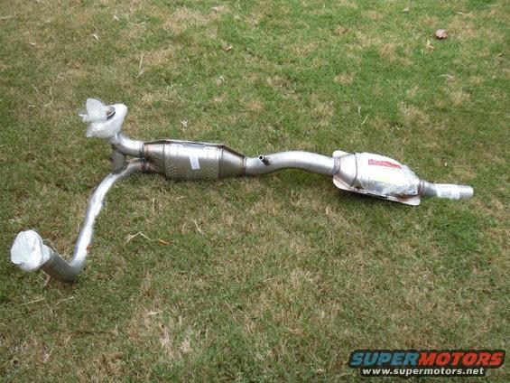 ypipe.jpg New [url=https://www.amazon.com/dp/B000CGB1VO/]Davico 14412N[/url] Direct-Fit Catalytic Converter Assembly ~$250 delivered
  possibly equivalent to [url=https://www.amazon.com/dp/B00T36PDFE]AB Catalytic 44810[/url] or [url=https://www.amazon.com/dp/B00FG98KP2]MagnaFlow 23661[/url].

[url=http://www.supermotors.net/vehicles/registry/media/1060587][img]http://www.supermotors.net/getfile/1060587/thumbnail/07cat1.jpg[/img][/url]

Before installation, I'll remove all the oil & stickers (by washing with brake cleaner & PurplePower), add a hanger & flange near the muffler, and prime & paint the assembly like I did the exhaust manifolds.

[url=http://www.supermotors.net/registry/media/1054780][img]http://www.supermotors.net/getfile/1054780/thumbnail/05gray41.jpg[/img][/url] . [url=http://www.supermotors.net/registry/media/1055016][img]http://www.supermotors.net/getfile/1055016/thumbnail/05gray43.jpg[/img][/url] . [url=http://www.supermotors.net/vehicles/registry/media/1071016][img]http://www.supermotors.net/getfile/1071016/thumbnail/exflange1.jpg[/img][/url] . [url=http://www.supermotors.net/registry/media/1072138][img]http://www.supermotors.net/getfile/1072138/thumbnail/08muffler20y.jpg[/img][/url]

UPDATE: Since it's closer to being drivable, this is now on my '95B XLT 5.8L:

[url=https://www.supermotors.net/vehicles/registry/media/1169456][img]https://www.supermotors.net/getfile/1169456/thumbnail/xhausts.jpg[/img][/url]