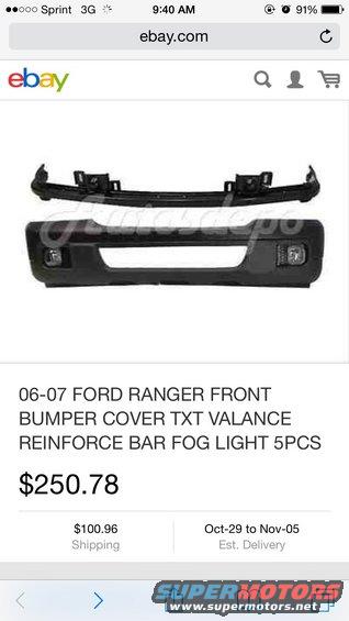 Black Ford Ranger front bumper cover with fog lights