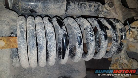 Close-up of a dusty coil spring and shock absorber assembly