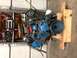 1979 Ford Bronco - A blue Ford V8 engine is mounted on a wooden stand, ready for work or transport.