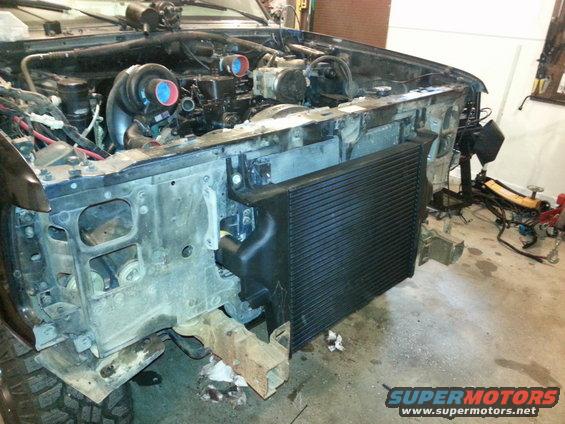 Engine bay with twin turbos and large intercooler installed