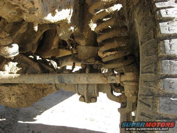 Close-up of a muddy suspension system and tire on a vehicle