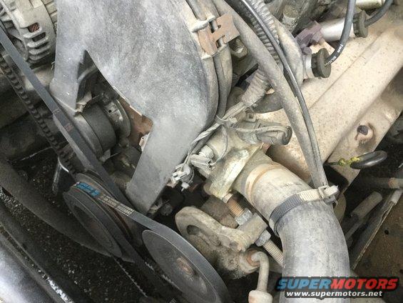 Engine bay with serpentine belts and pulleys