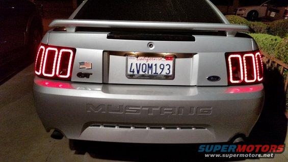 2002 Ford Mustang GT rear with custom vertical LED tail lights and California plate 4VQM193
