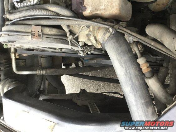 Engine bay with belts and hoses visible