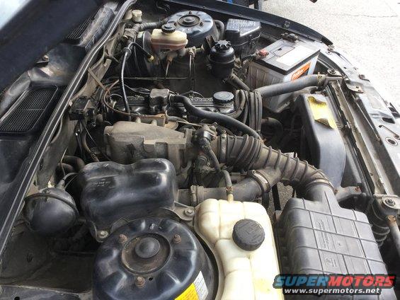 Engine bay with various hoses, battery, and engine components visible