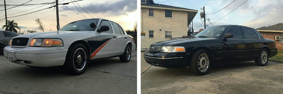Two cars, one silver and one dark, viewed from the side and rear