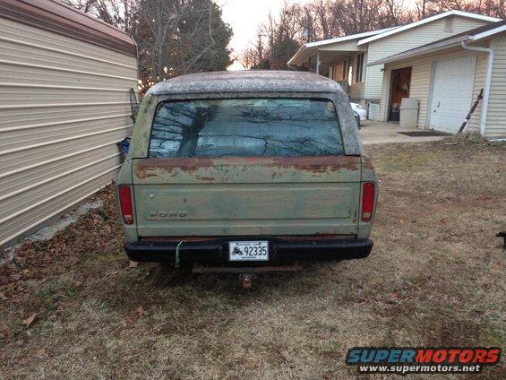 Rear view of a 1978 Ford Bronco with a license plate reading 92335