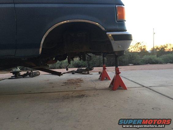 1991 Ford Bronco front suspension removed, vehicle on jack stands