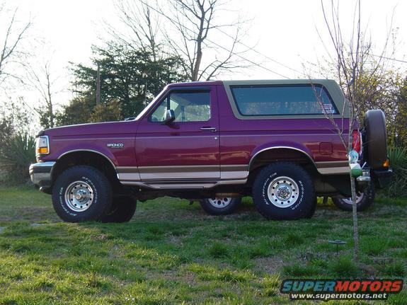 Purple 1995 Ford Bronco parked on grass, side view. Bronco badge visible on fender
