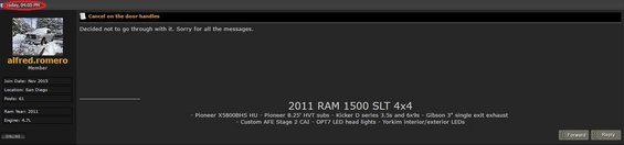 Text listing 2011 Ram 1500 SLT 4x4 with aftermarket parts
