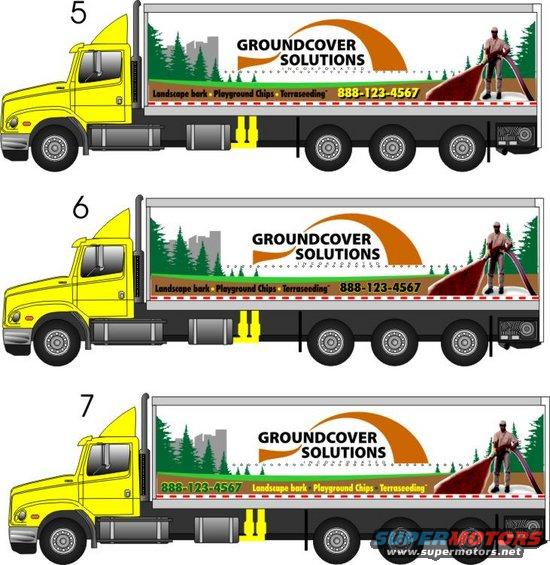Three yellow trucks with trailers for Groundcover Solutions. The trailers have graphics of trees, buildings, and a worker spreading mulch