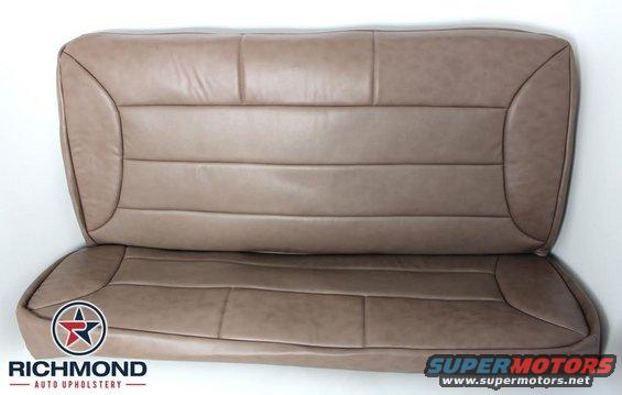 Tan car seat upholstery with horizontal stitching. Richmond Auto Upholstery logo visible