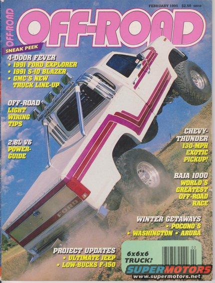 Off-Road magazine cover a white Ford truck with pink and red stripes, mid-air