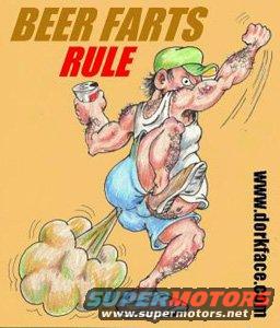 Cartoon of a man holding a beer can and farting, with text 'BEER FARTS RULE'