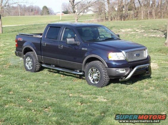 Dark blue 2005 Ford F-150 FX4 pickup truck with chrome wheels and bull bar parked on grass